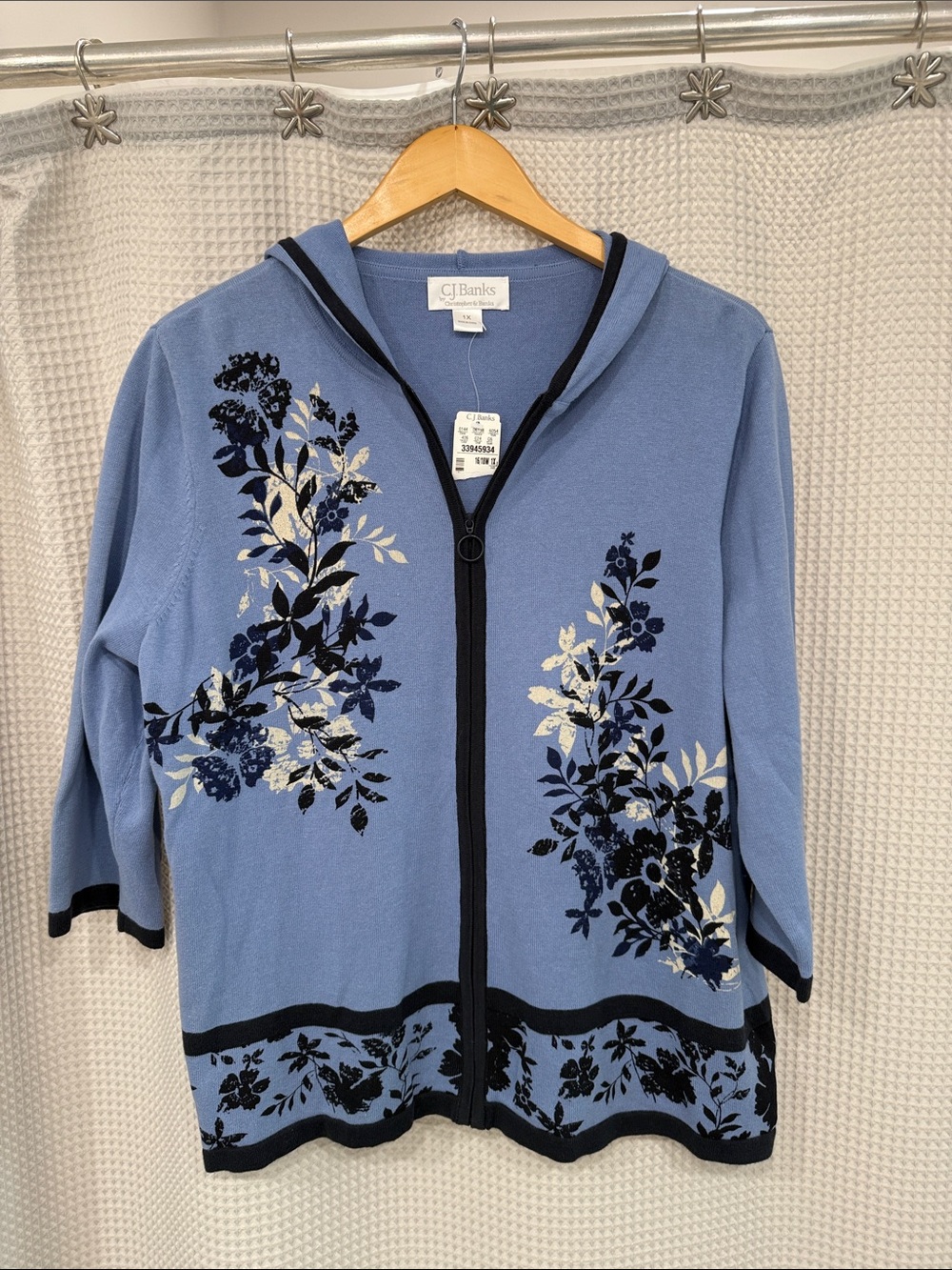 CJ Banks Light Blue Floral Zip-Front Cardigan with Hood Trim